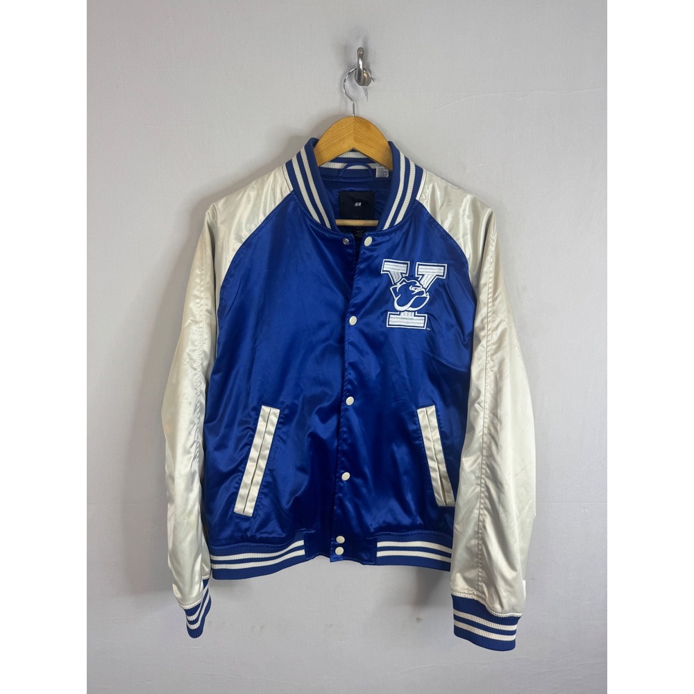 H&M Yale University Varsity Bomber Jacket Blue Cream Satin Mens Large